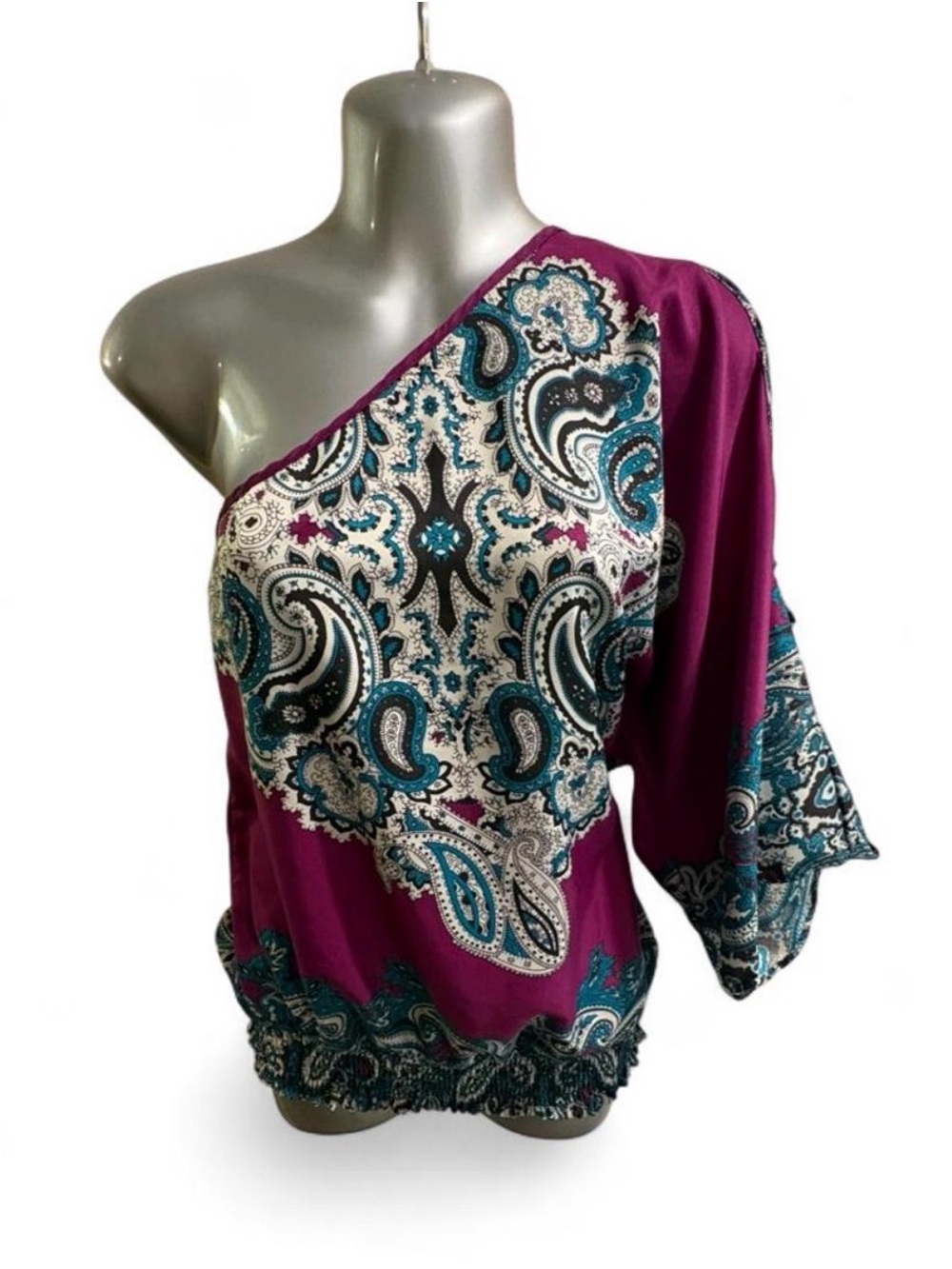 Vintage Rampage One-Shoulder Paisley Print Top in Magenta and Teal L